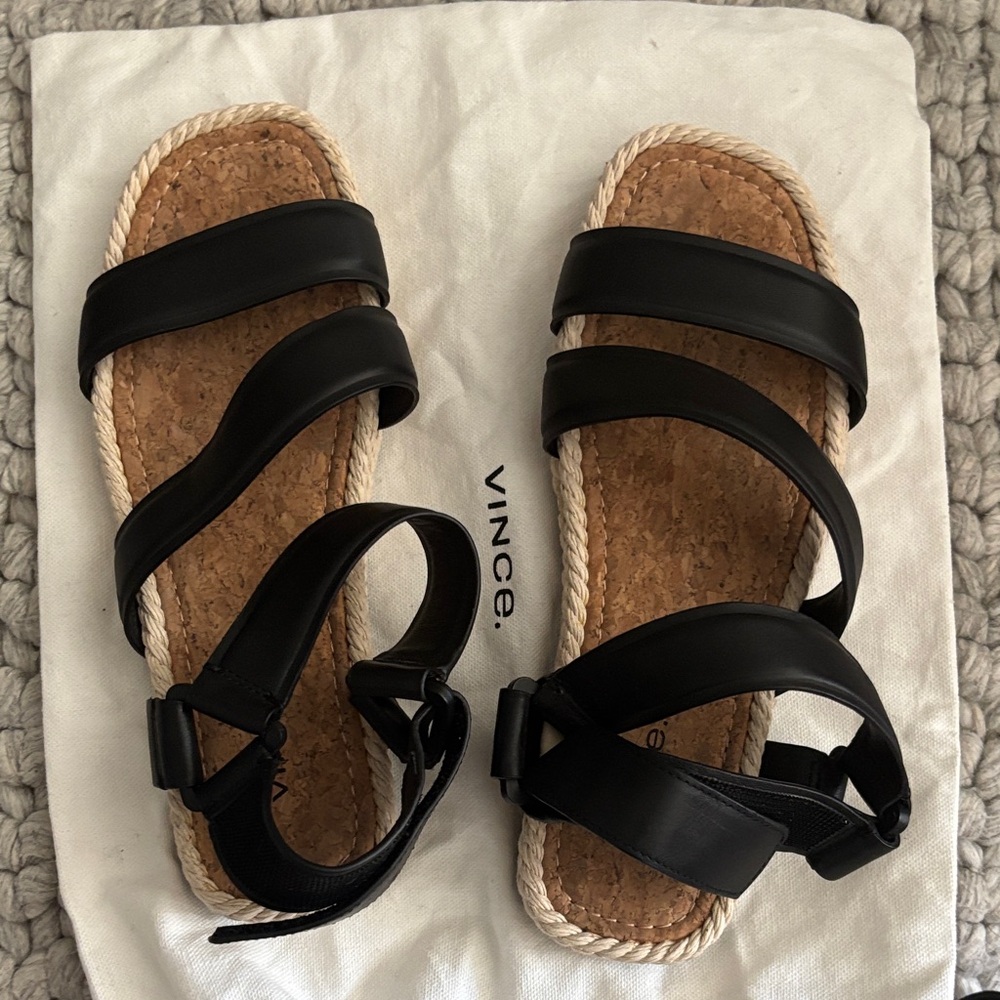 NWOT Vince Black Leather Triple-Strap Espadrille Sandals